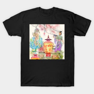 Chinoiserie landscape with seahorse watercolor painting T-Shirt